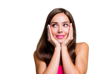 Close up studio photo portrait of lovely attractive gorgeous with perfect good ideal nice skin lady looking to the side holding hands on cheeks planning buyings isolated on blue background