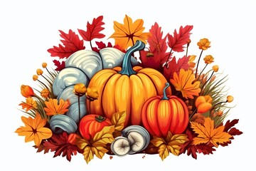 Obraz na płótnie Canvas A set of colorful autumn plants with leaves, pumpkins, mushrooms, apples, berries 