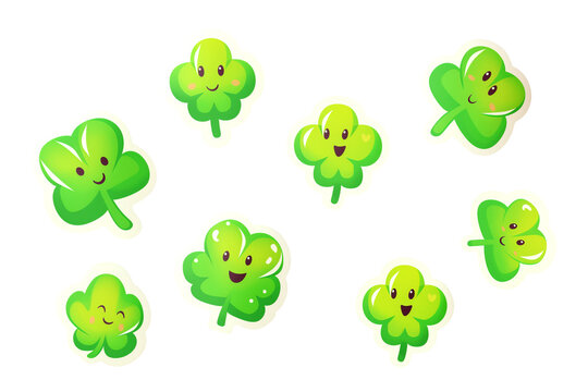 Set of stickers with cartoon funny green shamrock. Happy St. Patrick's Day