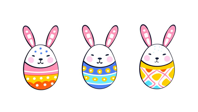 Set of stickers with colorful Easter eggs in the shape of Easter bunny