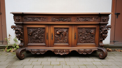 Old original Italian vintage wooden carved sideboard.