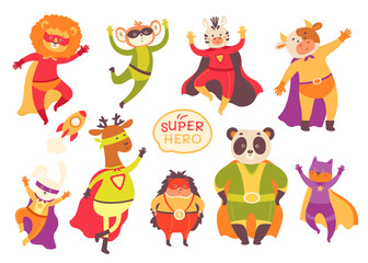 Naklejka premium Cartoon funny animals superheroes characters wearing face mask and cape vector illustration