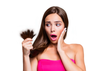 Omg i don't like it! Close up photo portrait of upset disturb amazed wondered lady holding in hand looking showing dry ends isolated on bright vivid blue background