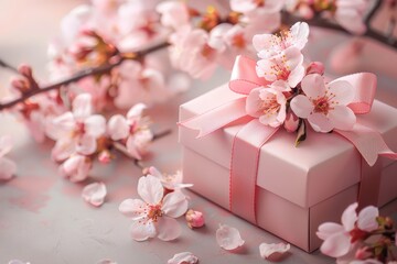 A delicate pink gift box with a bow and cherry blossoms, set against a soft pastel background, symbolizing love for Mother's Day.