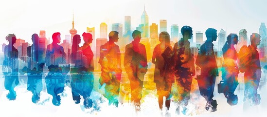A double exposure illustration of an group business people standing in front of cityscape, with blurred edges. 