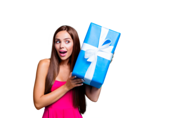 Curiosity people person concept. Close up photo portrait of cute cunning sly naive lady trying to guess what is hid inside the package isolated on bright vivid shine background copy space