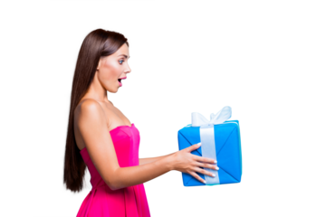 Is it for me? Half faced turned attractive with open mouth pretty amazed cheerful funny funky joyful lady taking big expensive present isolated on bright vivid background copy space