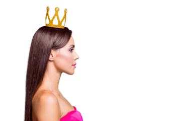 Half faced turned close up studio photo portrait of pretty attractive confident charming cute lovely serious lady wearing crown on head isolated on bright vivid blue background