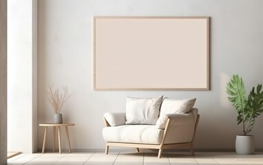Mock up poster frame in modern beige home interior. Minimalistic natural style. Toned peach colors. AI Generative.