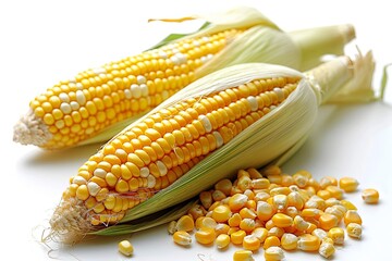 Close up of fresh corn groats and seeds corncobs on white background