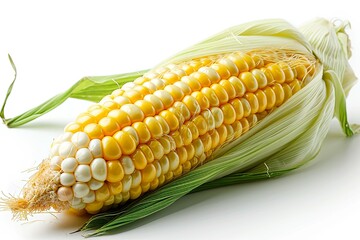 Close up of fresh corn groats and seeds corncobs on white background - obrazy, fototapety, plakaty