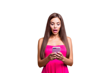 Young straight-haired sweet tender brunette amazed girl with long hair, wearing pink top, reading sms in phone.  Isolated over bright vivid teal turquoise background
