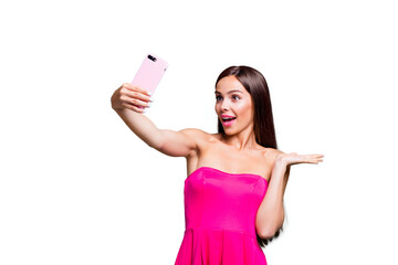 Hello my lovely subscribers! Studio photo portrait of pretty attractive charming pretty cheerful funky joyful girl taking making selfie on smart phone isolated bright vivid blue background