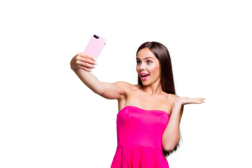 Hello my lovely subscribers! Studio photo portrait of pretty attractive charming pretty cheerful funky joyful girl taking making selfie on smart phone isolated bright vivid blue background