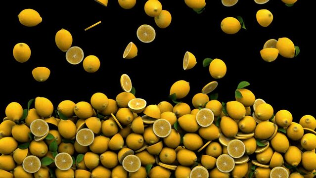 Falling lemons – 3d render with alpha channel.