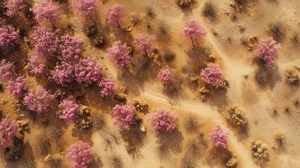 Top view of pink desert flowers dotting the sandy landscape.