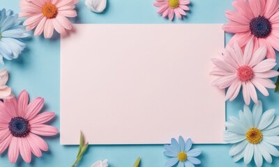 Spring flatlay romantic flowers pink and blue color with space for text at blue background. Birthday, Happy Women's Day, Mother's Day concept.