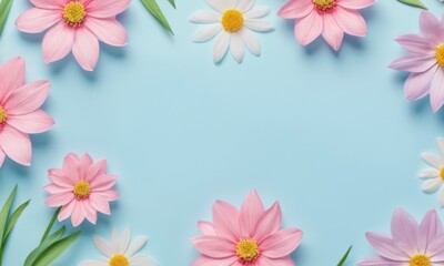 Flatlay Romantic spring flowers pink and white color with space for text at blue background.Birthday, Happy Women's Day, Mother's Day concept.