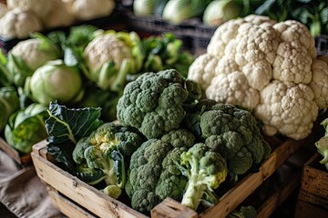 Fresh raw cut cauliflower and broccoli green vegetables natural food background
