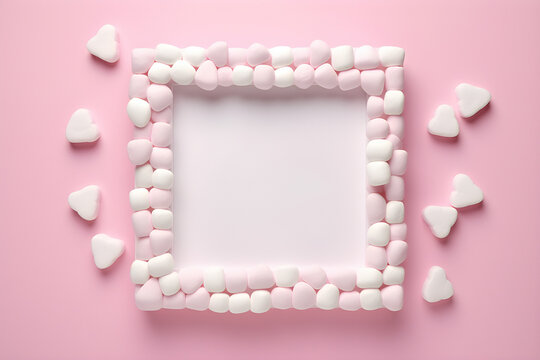 The pink background is decorated with AI-generated white square marshmallow pieces.  generated by AI. 3D illustration