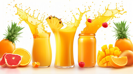 Orange, pineapple, mango fruit juices liquid.