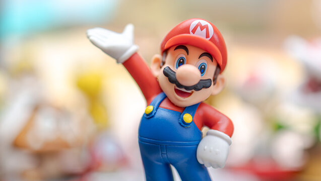 MOSCOW, RUSSIA - September 08, 2022: Super Mario Bros figure character.Super Mario is a Japanese platform video game series and media franchise created by Nintendo and featuring their mascot, Mario.