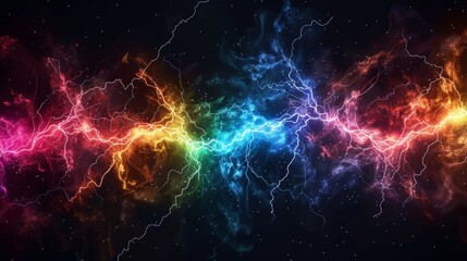 Energy and power concept with lightning bolts and electric arcs on a black background with rainbow colors. - obrazy, fototapety, plakaty