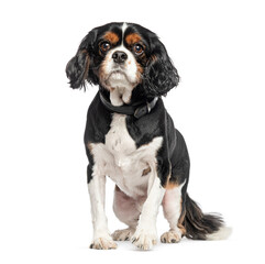 Sitting Cavalier King Charles wearing a dog collar, isolated on white