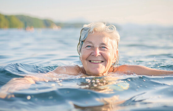 Candid photo of a joyful senior woman swimming in the lake. Happy aged woman joyfully in the water. Retired woman having fun on a sunny day. Active older lifestyle. 