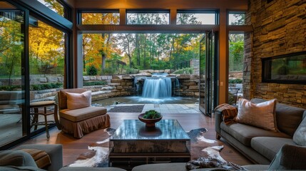 Cozy living room interior with expansive windows overlooking a waterfall.