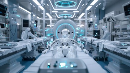 A futuristic medical facility with a robot in the middle of it, AI - obrazy, fototapety, plakaty