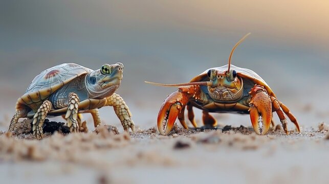 Two small turtle and crab chimeras are standing next to each other, AI