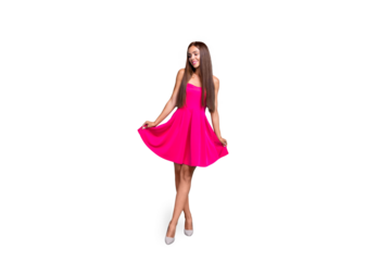Full length size body picture of young straight-haired sweet tender brunette smiling girl, wearing pink dress, walking. Copy space. Isolated over bright vivid turquoise background
