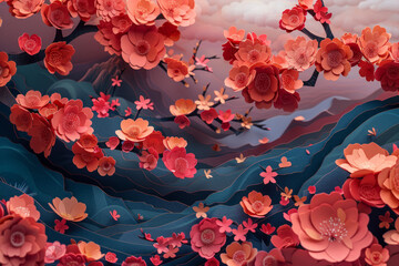 Fototapeta premium Paper art sea of red and pink flowers and dark blue waves