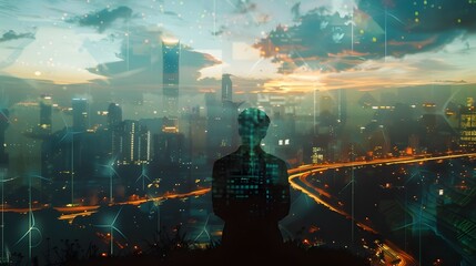 Digital Human Silhouette Overlooking Futuristic Cityscape, depicting the intersection of humanity and technology