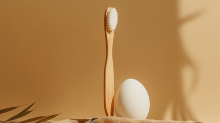 Organic wooden bamboo toothbrush and white egg.