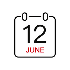 June 12 date on the calendar, vector line stroke icon for user interface. Calendar with date, vector illustration.