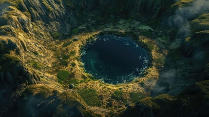Crater lake nestled in rugged mountains from above. - obrazy, fototapety, plakaty
