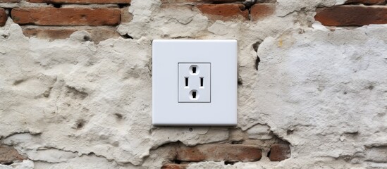 A white electrical outlet is mounted on a white brick wall in Europe. The outlet stands out against the textured surface of the bricks, creating a stark contrast.