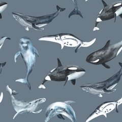 Seamless pattern. Repeating texture with marine mammals. Watercolor illustration. Dolphin, killer whale, humpback whale. Hand drawn isolated on a white background. Textile, fabric, wallpaper