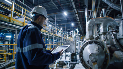 Amidst the symphony of activity in the high-tech production facility, the engineer in a hard hat utilizes his tablet to access digital blueprints and schematics, conducting a compr