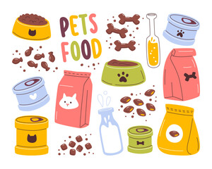 Cats dogs dry and wet food, drinks in different packs, packets and bottles set vector illustration
