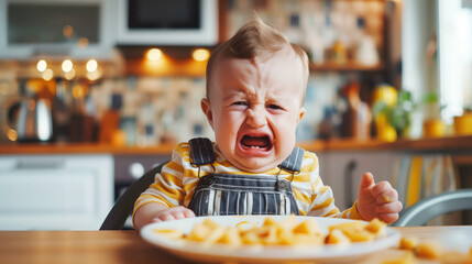 A baby is crying while eating food. Generative AI.