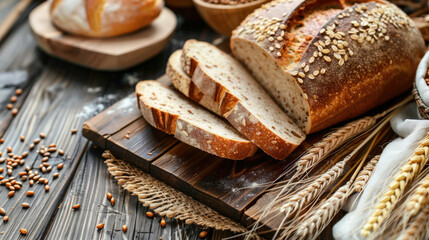 A loaf of bread is cut into slices and placed on a wooden cutting board. The bread is surrounded by grains and other food items, creating a rustic and homey atmosphere. Generative AI.