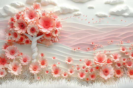 Tree with pink flowers and paper art landscape