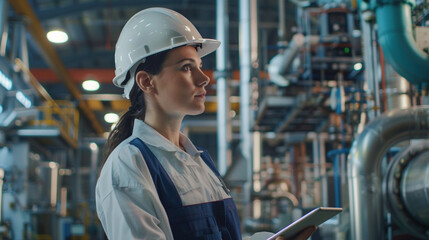Amidst the organized chaos of a state-of-the-art manufacturing facility, the female engineer in a hard hat moves with purpose, her tablet guiding her as she assesses the scope of w - obrazy, fototapety, plakaty
