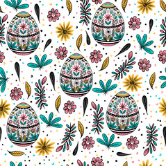 Easter seamless pattern with eggs, flowers on white background