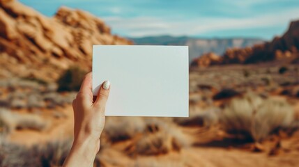 A person holding a blank piece of paper in front of desert, AI