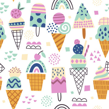 Hand drawn ice-cream delicious sundae and waffle cone with different cute geometric design