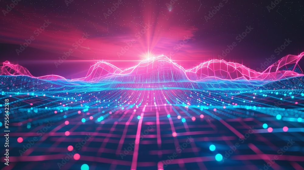 Canvas Prints futuristic digital landscape with neon lights and geometric patterns.